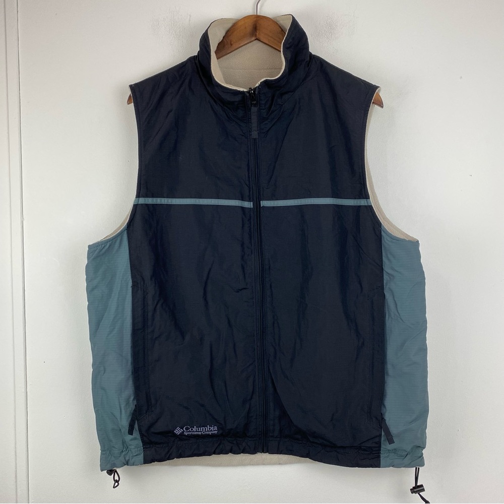 Vintage Columbia size Large Men’s Black Green Sherpa Full Zip Reversible Vest